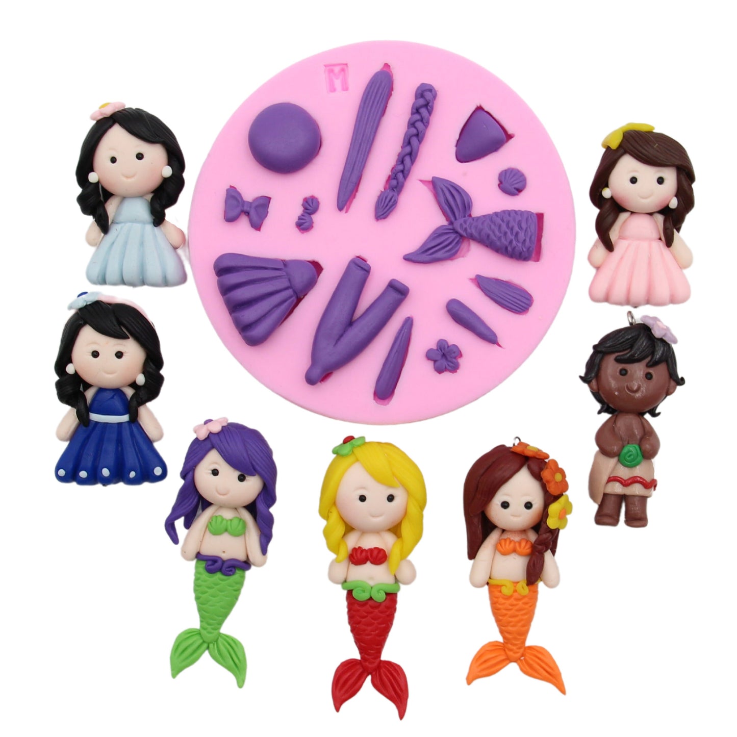 Mermaid Princess Chibi Doll Silicone Mould for DIY Air Dry Clay Kit With Keychain and Clay Tools