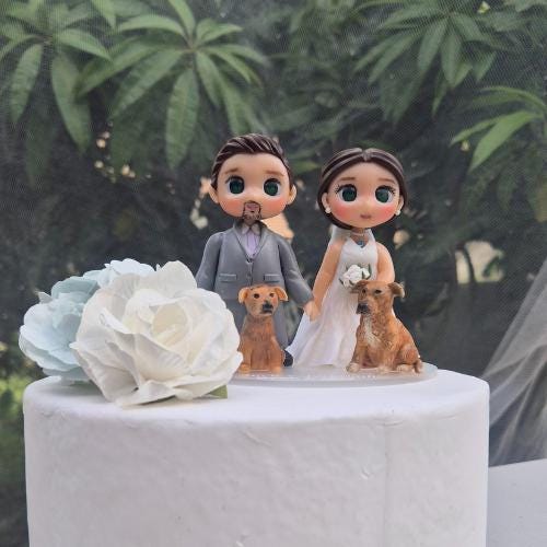 Personalized Wedding Cake Topper | Custom Bride and Groom Figurines | Handmade Air Dry Clay Cake Toppers | Custom Clay Pet Figurines