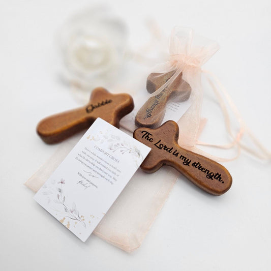 Personalized Wooden Comfort Cross – Engraved Pine Handheld Cross with Bible Verse & Name - Christian Gift for Stress, Anxiety, Sympathy