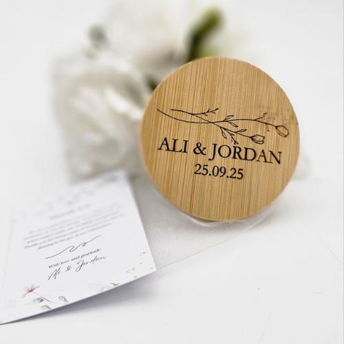 Personalized Bamboo Bottle Opener Wedding Favors – Custom Engraved with Guest Name or Message | Includes Thank You Card & Gift Pouch