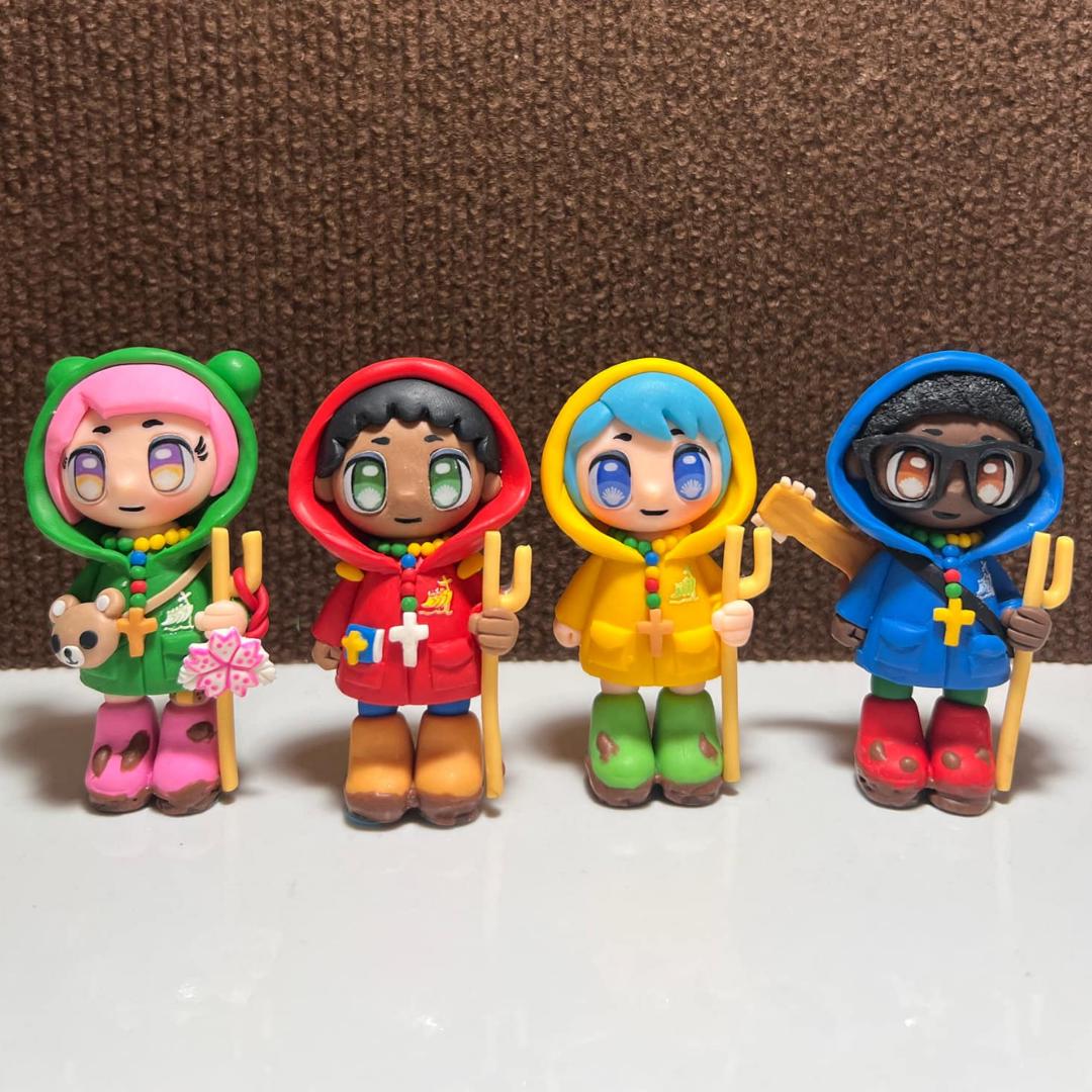 Handmade Catholic Figurine – Luce and Friends Pilgrims of Hope | Polymer Clay Mascots | 10cm Tall | Xin, Luce, Fe & Sky | Faith Gift