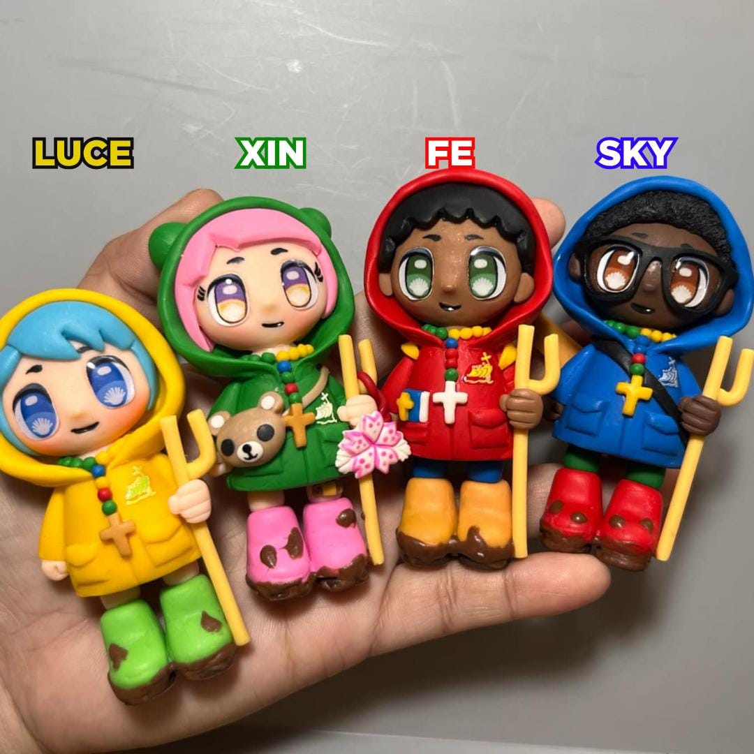 Handmade Catholic Figurine – Luce and Friends Pilgrims of Hope | Polymer Clay Mascots | 10cm Tall | Xin, Luce, Fe & Sky | Faith Gift
