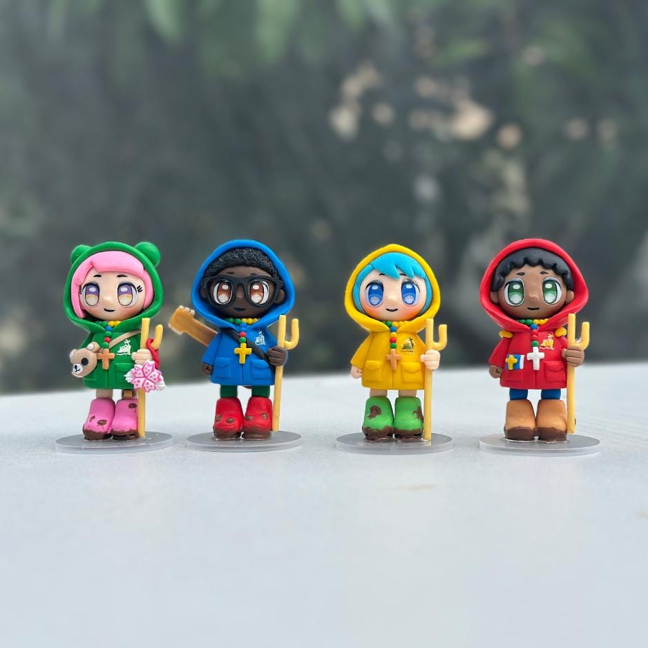 Handmade Catholic Figurine – Luce and Friends Pilgrims of Hope | Polymer Clay Mascots | 10cm Tall | Xin, Luce, Fe & Sky | Faith Gift