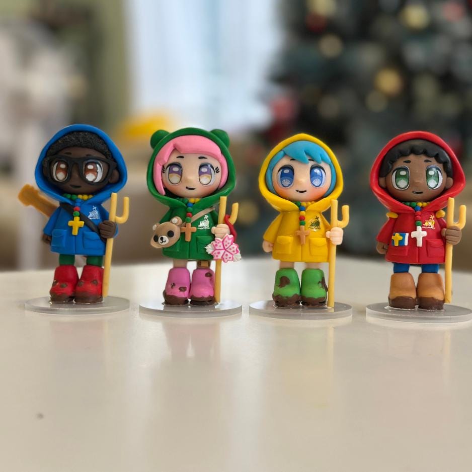 Handmade Catholic Figurine – Luce and Friends Pilgrims of Hope | Polymer Clay Mascots | 10cm Tall | Xin, Luce, Fe & Sky | Faith Gift