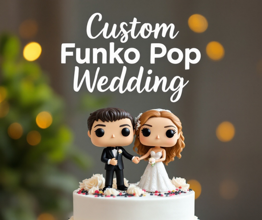 Custom Funko Pop-inspired wedding cake topper featuring a bride and groom in wedding attire, handcrafted from air-dry clay. The 10 cm figurine is displayed with an optional protective box, perfect for Funko collectors and unique wedding decor ideas.