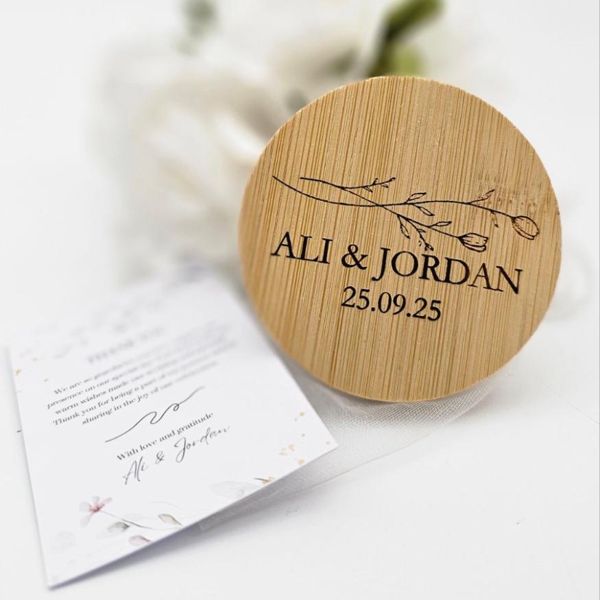 Personalized Bamboo Bottle Opener Wedding Favors – Custom Engraved with Guest Name or Message | Includes Thank You Card & Gift Pouch
