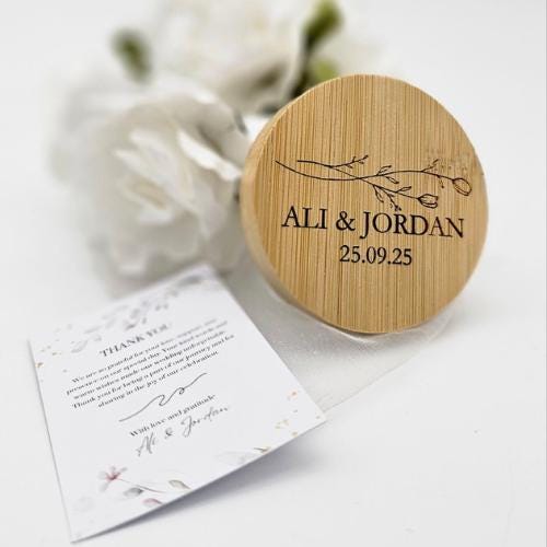 Personalized Bamboo Bottle Opener Wedding Favors – Custom Engraved with Guest Name or Message | Includes Thank You Card & Gift Pouch