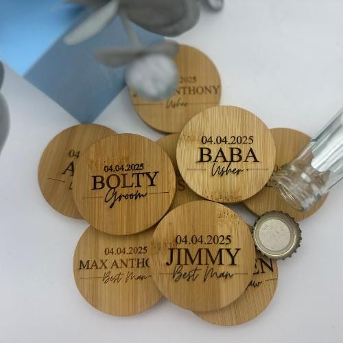 Personalized Bamboo Bottle Opener Wedding Favors – Custom Engraved with Guest Name or Message | Includes Thank You Card & Gift Pouch