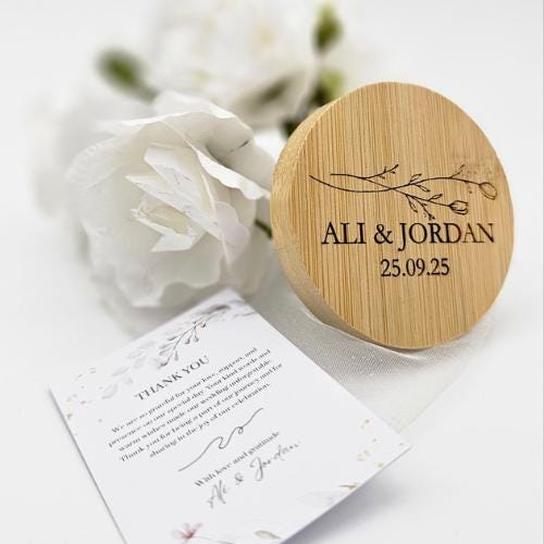 Personalized Bamboo Bottle Opener Wedding Favors – Custom Engraved with Guest Name or Message | Includes Thank You Card & Gift Pouch