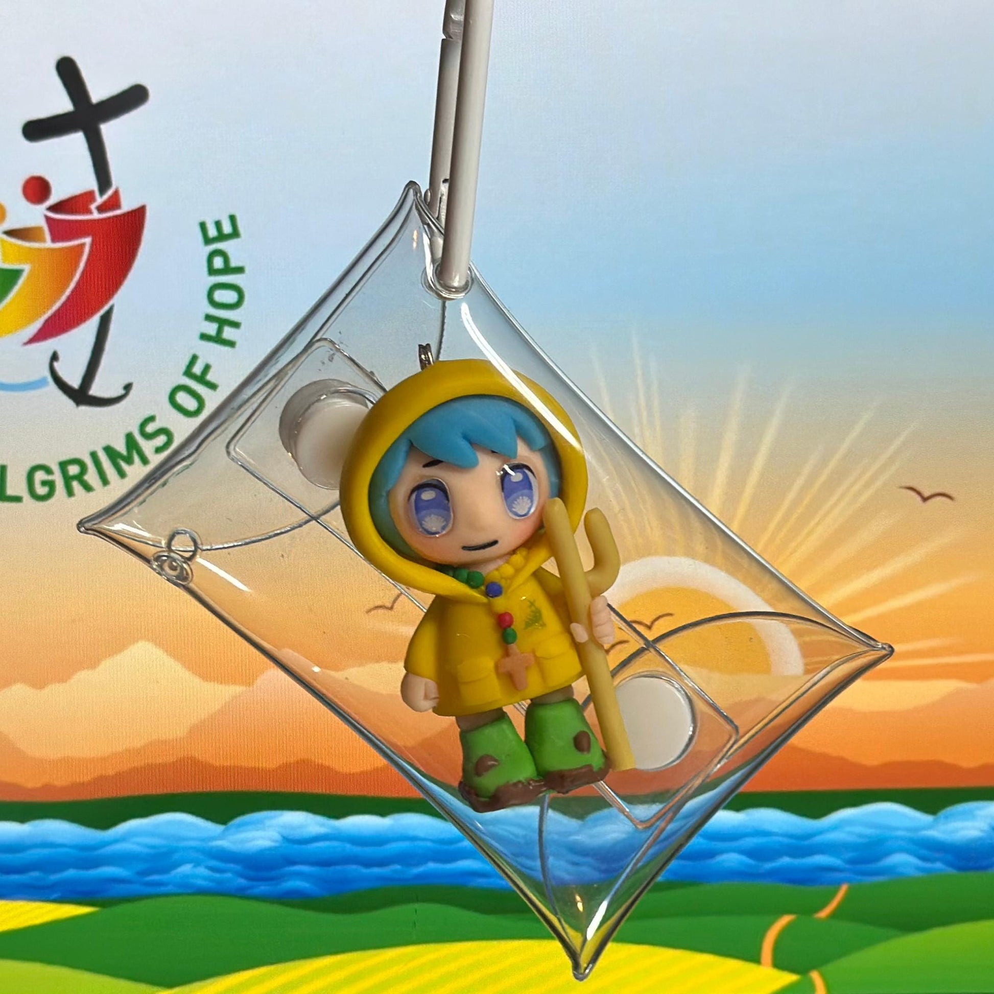 Luce Catholic Clay Keychain Pilgrim Figurine | Handmade 6cm Gift in Pouch or Standee | Catholic Keepsake for Year of Pilgrims