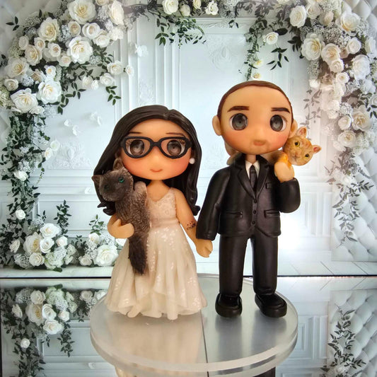 Custom Wedding Cake Topper Clay Figurines | Personalized Bride and Groom Figurine | Air Dry Clay | Pet & Kids | Funko Inspired Topper