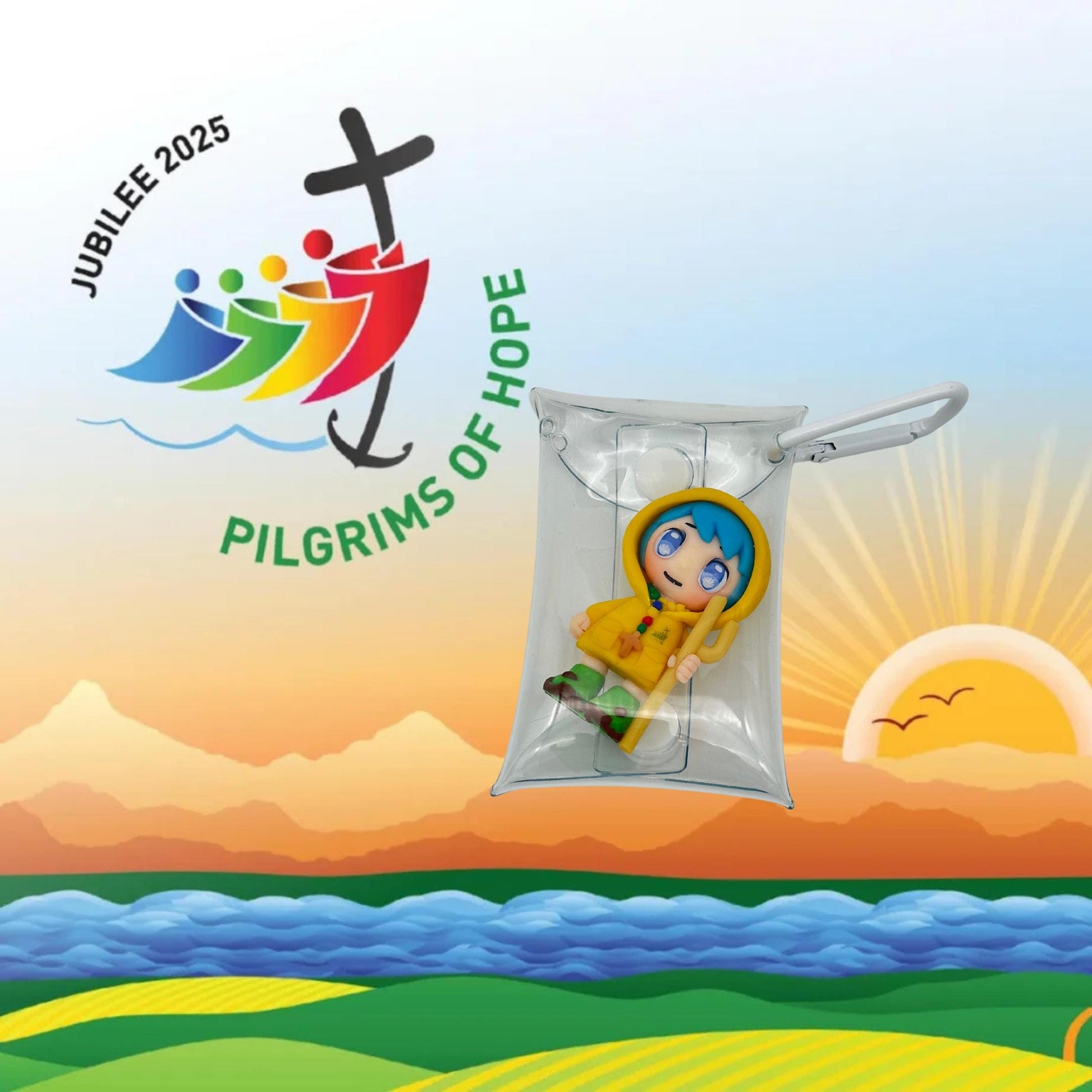 Luce Catholic Clay Keychain Pilgrim Figurine | Handmade 6cm Gift in Pouch or Standee | Catholic Keepsake for Year of Pilgrims