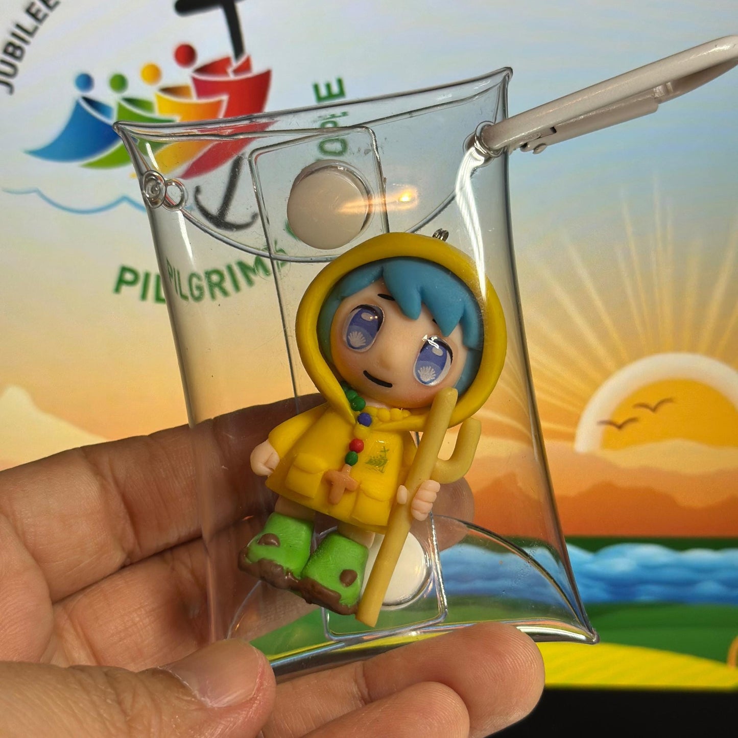 Luce Catholic Clay Keychain Pilgrim Figurine | Handmade 6cm Gift in Pouch or Standee | Catholic Keepsake for Year of Pilgrims