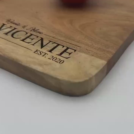 Personalized Acacia Wood Cutting Board with Family Name & Wedding Year | Aboriginal Design Serving Board | Unique Wedding Gift for Couples