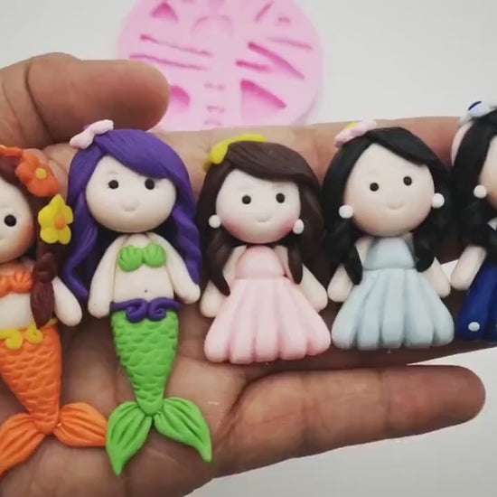 Mermaid Princess Chibi Doll Silicone Mould for DIY Air Dry Clay Kit With Keychain and Clay Tools