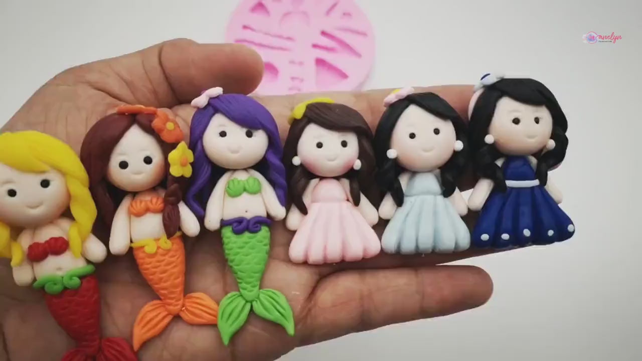 Mermaid Princess Chibi Doll Silicone Mould for DIY Air Dry Clay Kit With Keychain and Clay Tools