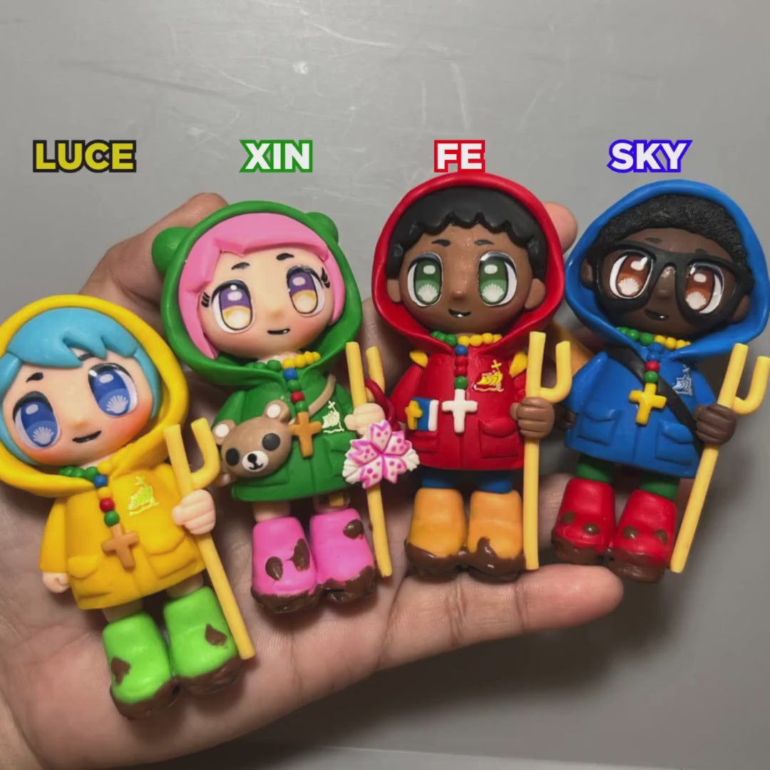 Handmade Catholic Figurine – Luce and Friends Pilgrims of Hope | Polymer Clay Mascots | 10cm Tall | Xin, Luce, Fe & Sky | Faith Gift